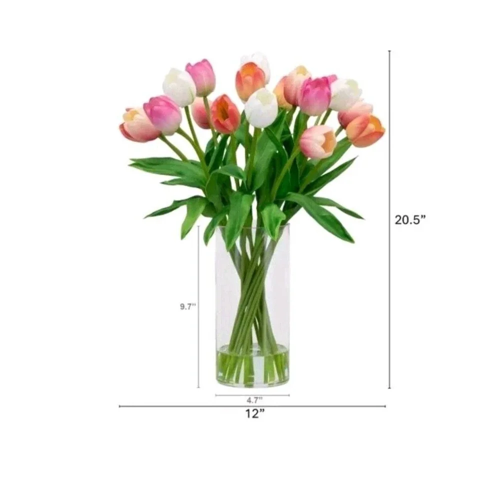 TULIPS FAKE ARTIFICIAL FLOWER FLORAL ARRANGEMENT SILK FLOWERS CERAMIC VASE NEW